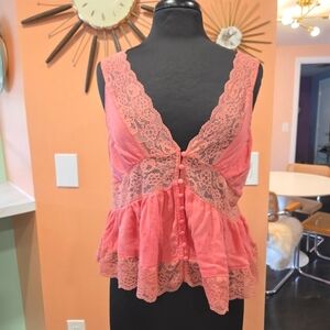 Forever 21 0X Pink Lace Peplum Blouse Lace Coquette Tank Top Girlie Feminine